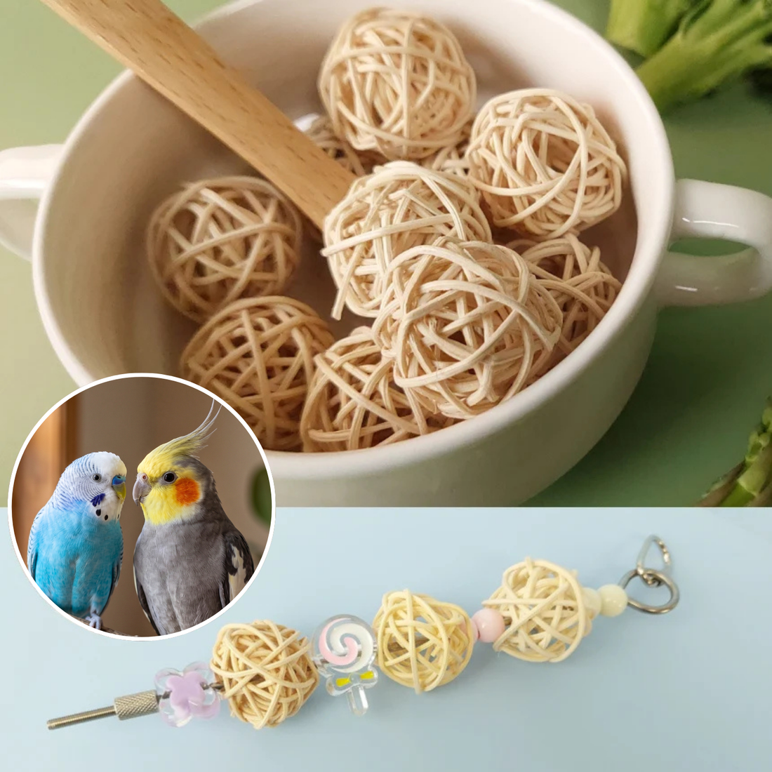 【3個】着色,脱色NO!健康志向インコおもちゃ「ナチュラルラタンボール」セキセイインコもOK