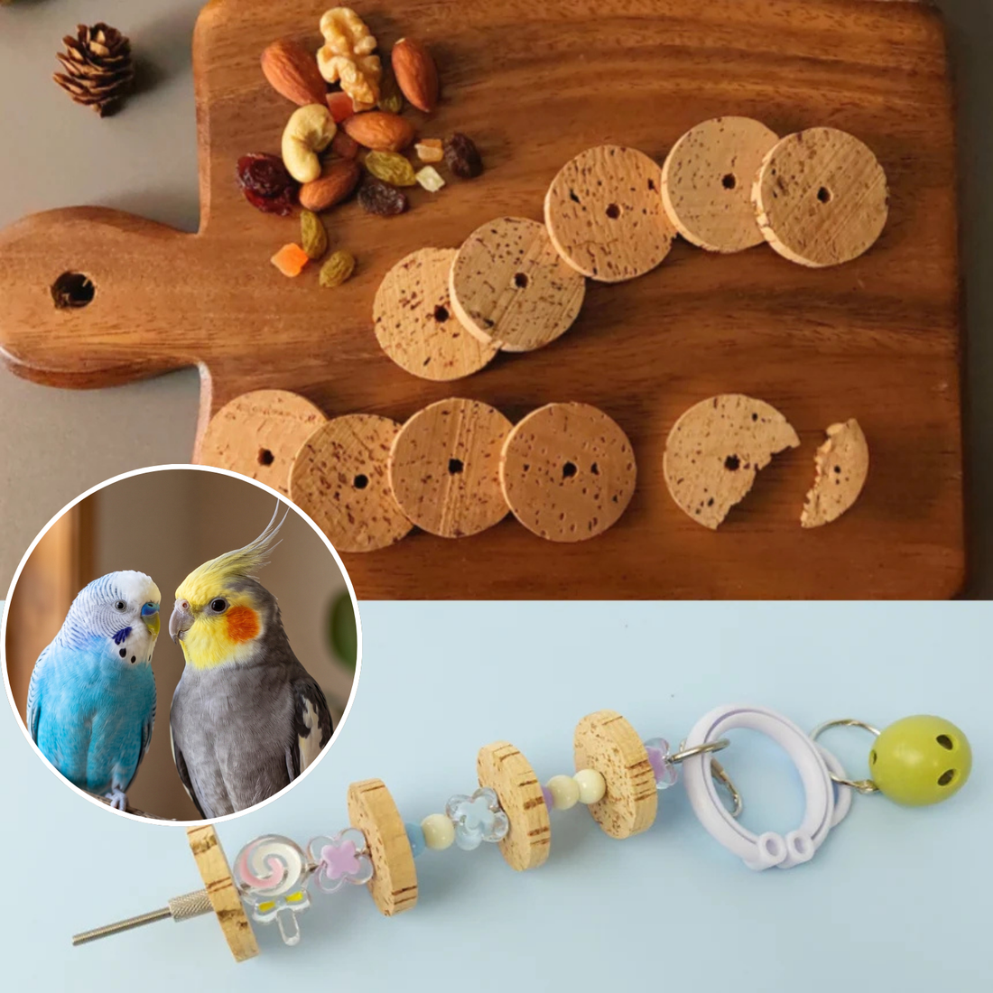 【4個】防腐剤不使用,インコ専用コルクおもちゃ「フレッシュコルクッキー」セキセイインコもOK