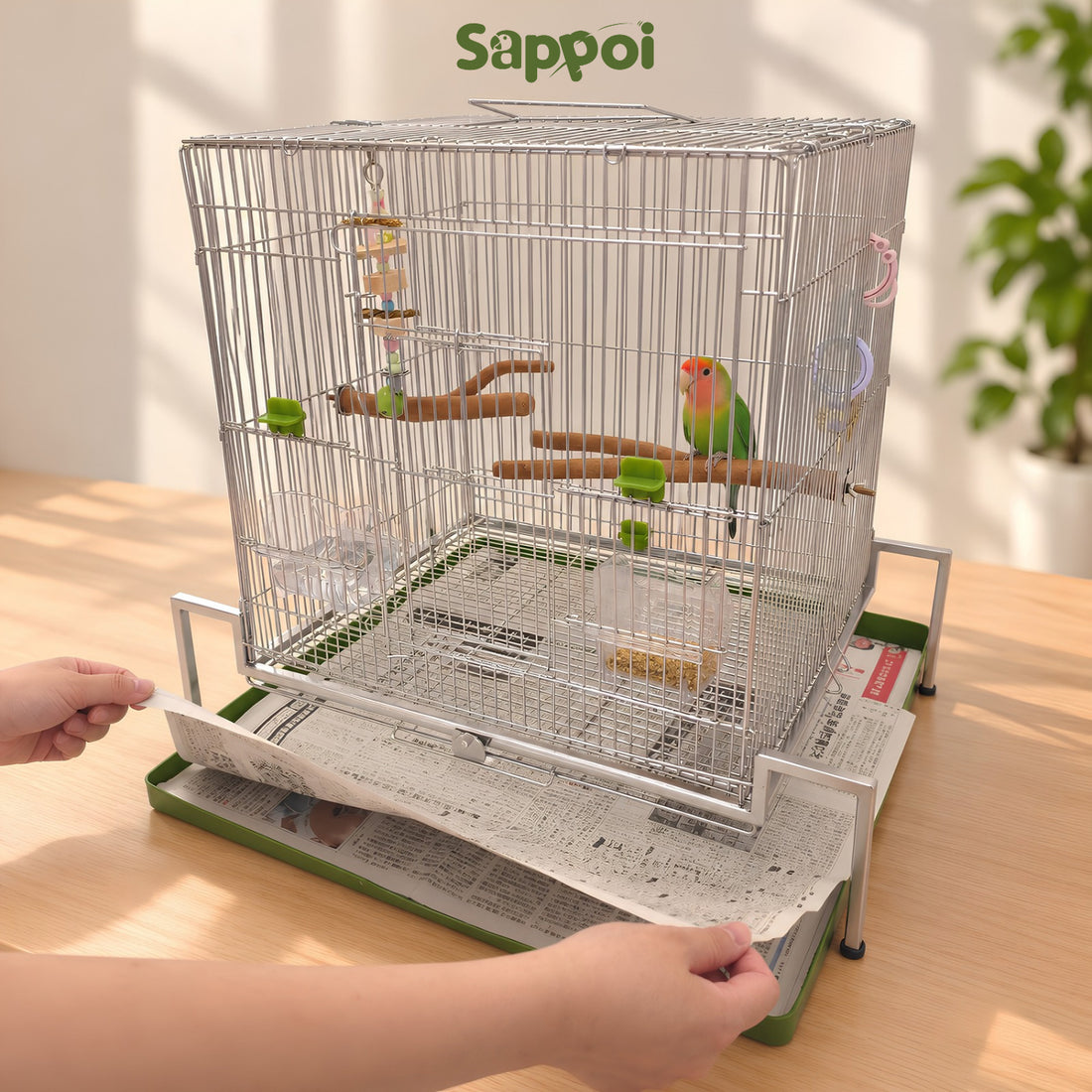 【NEW】送料無料,日本初,トレー洗い不要!ステンレス製インコケージ「サッポイ45」 本体幅45cm/土台幅59cm (鳥かご、特許出願中)