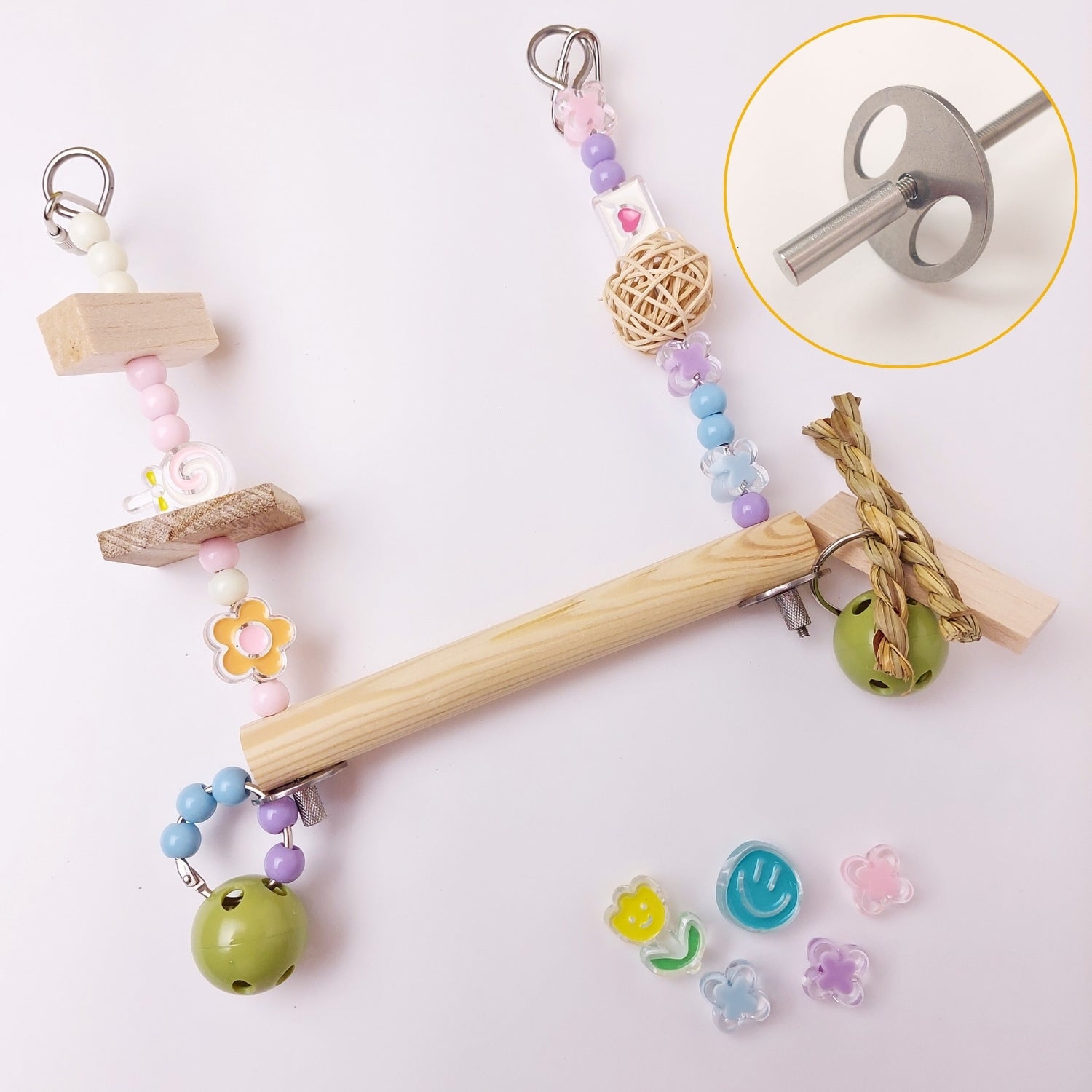 【再使用OK・コスパ最強】ステンレス＆無毒性素材・100均価格で何度も手作りOK・人気鳥おもちゃ「瞬間差し込みブランコSET」(セキセイインコおもちゃ)