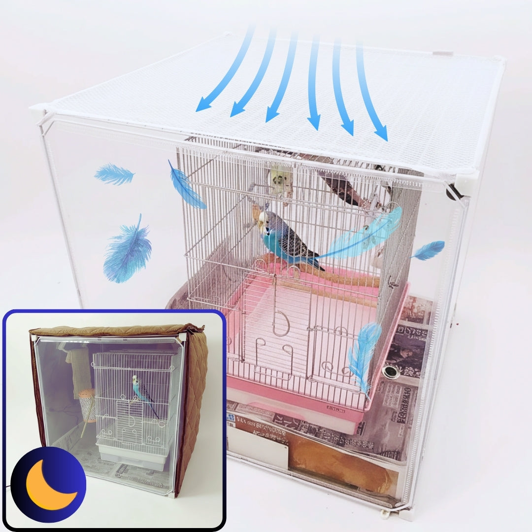 【換羽期用ネットカバー2枚付、鳥の羽が飛ばない+夜は保温】インコケージカバー「快適保くん」,冬は保温ケース,オールシーズン対応 62x62x62cm