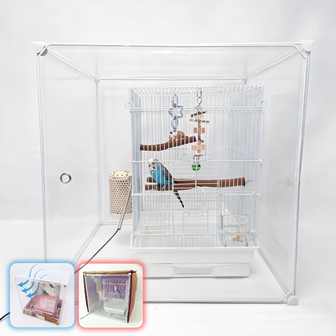 【換羽期用ネットカバー2枚付、鳥の羽が飛ばない+夜は保温】インコケージカバー「快適保くん」,冬は保温ケース,オールシーズン対応 62x62x62cm