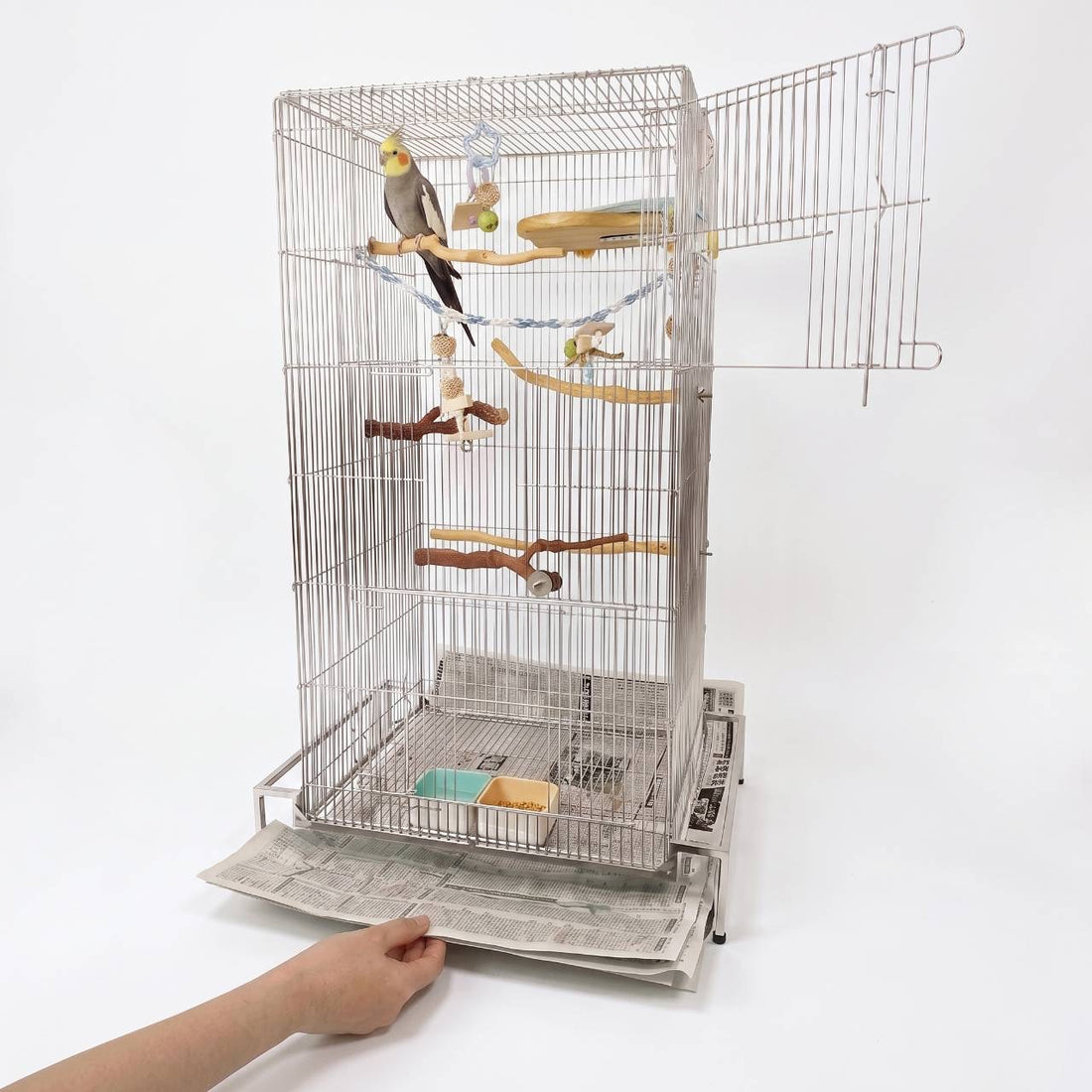58X91cm,日本初,新聞紙1枚抜けば掃除完了「ステンレス10秒ケージ 」特許拾得の大きい鳥ケージ, おしゃれな大型ケージ,掃除しやすい,オカメインコ,ウロコインコ,コザクラインコ