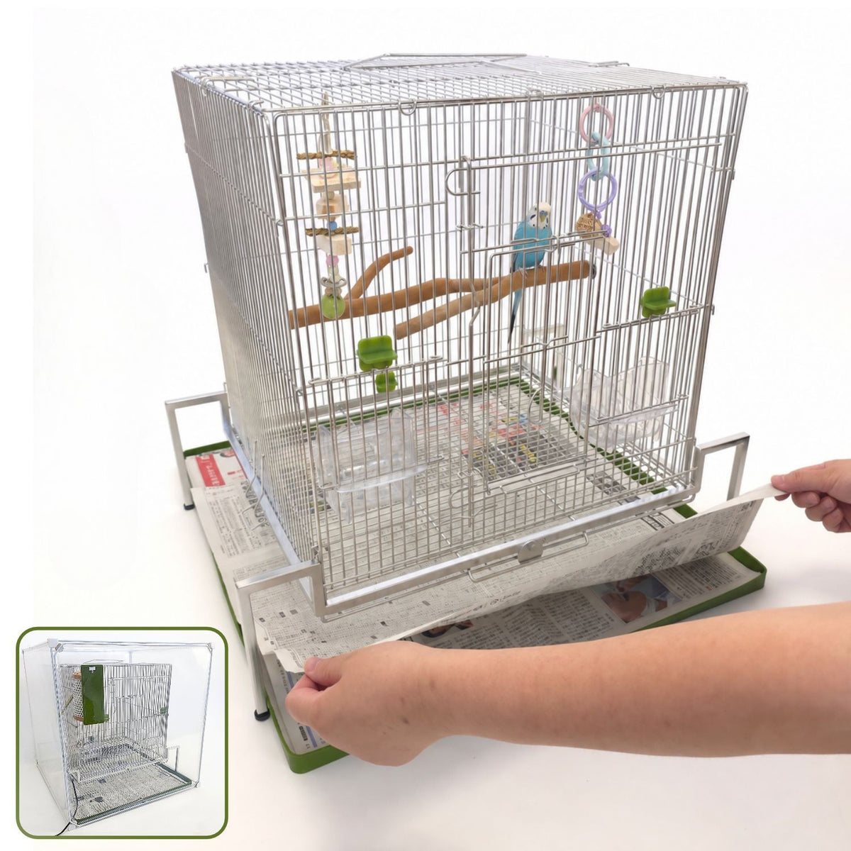 送料無料【日本初】トレー洗い不要！ステンレス製インコケージ「サッポイ」 本体幅45cm／土台幅59cm、文鳥用にも使える鳥かご